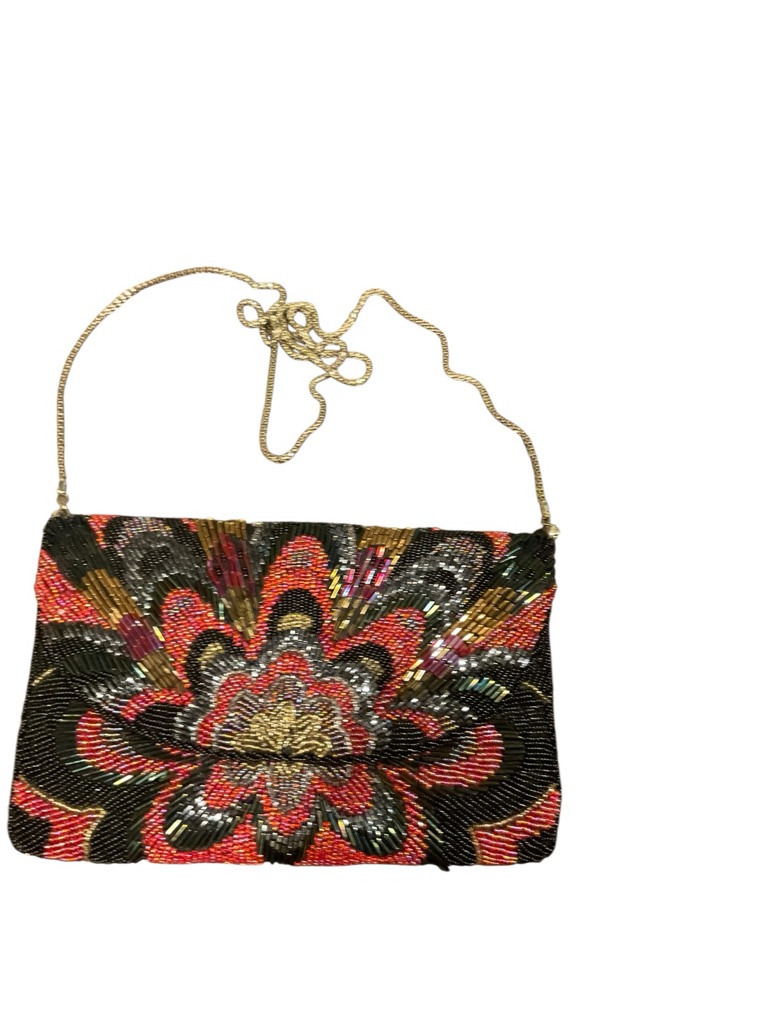 La Regale Black, Red & Gold Beaded Floral Evening Clutch